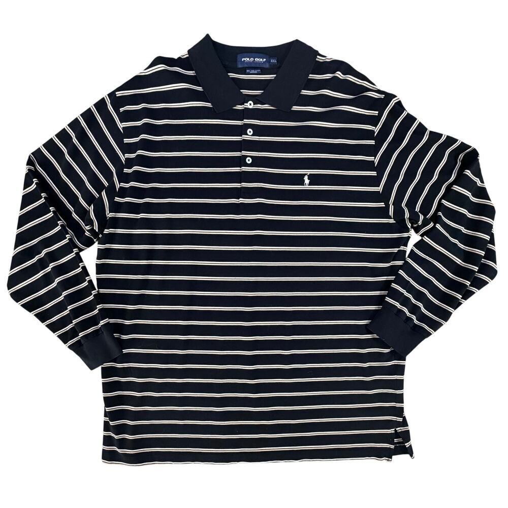 VTG Ralph Lauren POLO GOLF XXL Pima Cotton Black Striped Rugby Long-Sleeve Polo